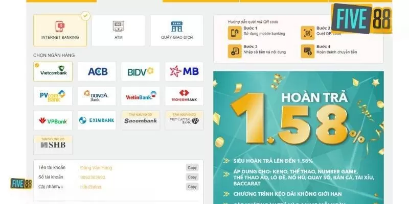 Rất nhiều phương thức cho cược thủ chọn lựa nạp tiền tại Five88 Rất nhiều phương thức cho cược thủ chọn lựa nạp tiền tại Five88